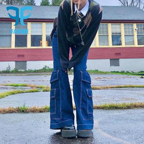 FAVRE Pocket Patchwork Womens Jeans Vintage High Waist Casual Baggy Straight Pants Women Long Trousers Streetwear Denim Pants