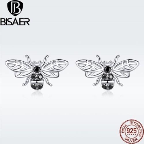 Black bee earrings bisaer 100% 925 Sterling silver Lovely bees stud earrings women fashion silver jewelry ECE846