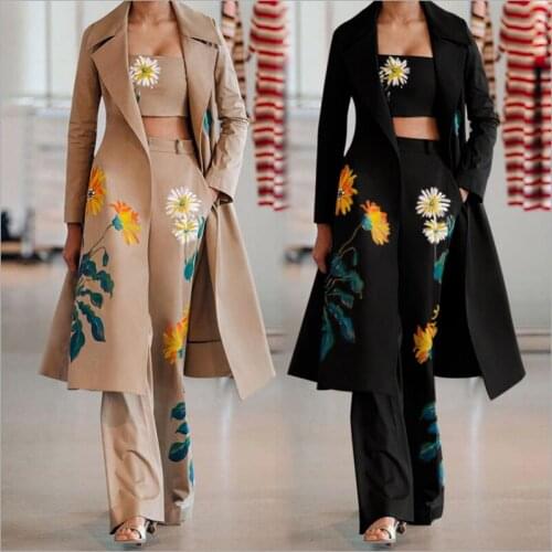 Autumn and Winter New Ladies Suit Fashion Temperament Long Print Windbreaker + High Waist Trousers Womens Three-piece Suit WF29