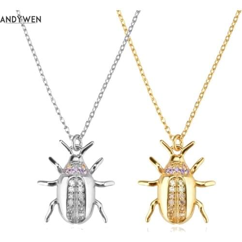 ANDYWEN 925 Sterling Silver Gold CZ Courage Beetle Amulet Pendant Necklace Wisdom Balance Long Chain Jewelry Set Luxury Choker
