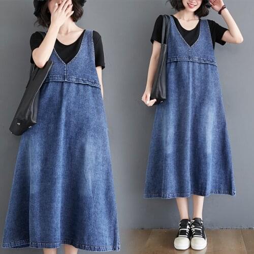 Denim Strap Dress Women 2021 Summer New Retro Style Sleeveless V-neck Loose Casual A Line Midi Dress Vestido Feminino