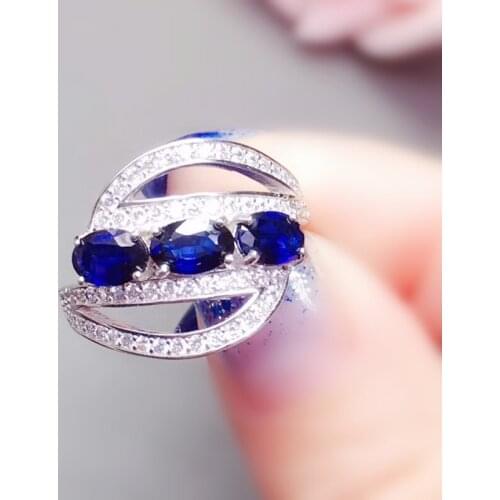 Per jewelry Natural real blue sapphire big ring Free shipping 0.6ct*3pcs gemstone 925 sterling silver Fine jewelry T2041525
