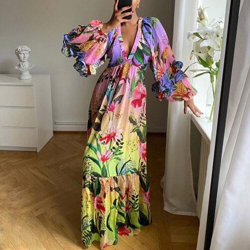 Women Long Sleeve Floral Flower Print Long Maxi Dress Women V-neck Latern Sleeve Holiday Boho Beach Elegant Vintage dresses