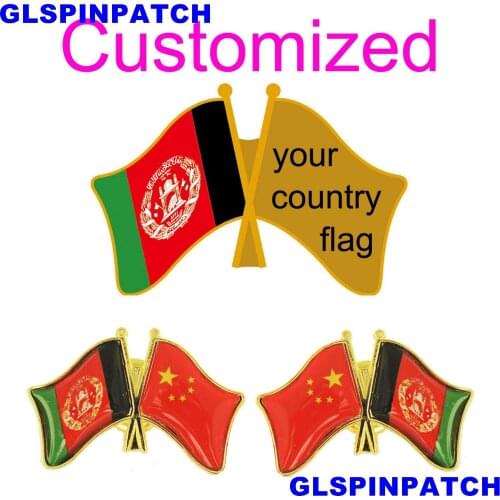 Afghanistan Crossed Friendship Flag Double Country lapel pin Brooch USA UK France Chile Russia Saudi Arabia Japan Spain Badge