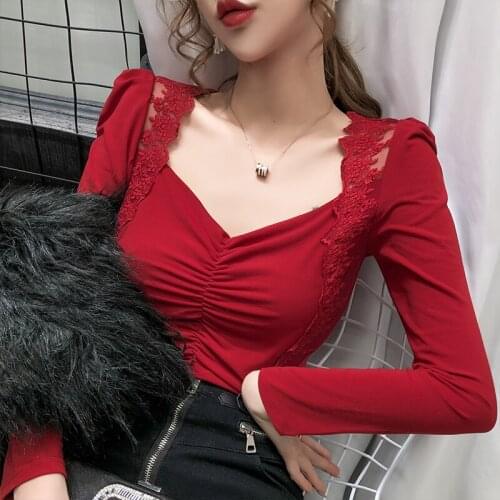 #5605 Red Yellow Basic T Shirt Women Spliced Lace Square Collar Sexy Womens Tee Shirts Cotton Elastic T-shirt Female Spring 2021