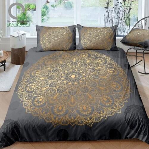BOMCOM 3D Digital Printing Golden Mandala Flower BOHO Gypsy Yoga Duvet Cover Sets 100% Microfiber Gray