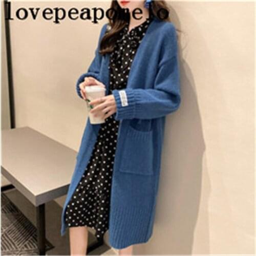 Korean Style Knitted Long Cardigan Women 2020 Big Size Autumn Winter Sweater Long Sleeve Cardigan Female Coat Blue Knitwear 15