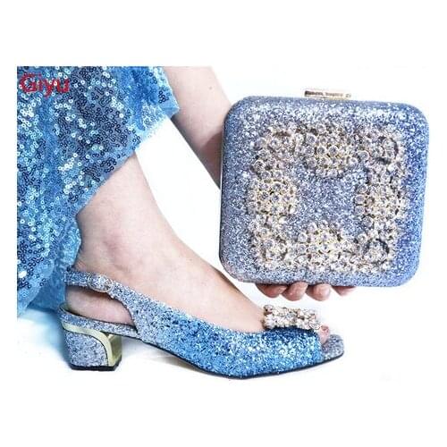Doershow Fashion Rhinestone blue Shoes And Bag Set Newest African Women low Heels Pumps Matching Purse For Wedding!!SLP1-18