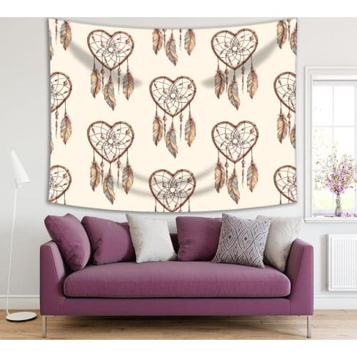 Tapestry Dreamcatcher Feathers Beads Heart Shapes Love Romantic Tribal Boho Style Art Brown Beige Print