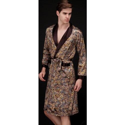 Men Silk Summer and Autumn Kimono Luxury Satin Bathrobe Print Knee Length Long Sleeve Coffee Bath Robe Dressing Gown Sleepwear