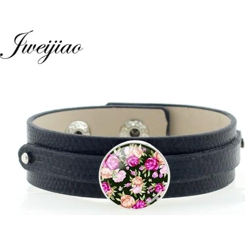 JWEIJIAO Rose Flowers And Plants Picture Glass Dome Snap Button Adjustable Bracelet Black Leather Fashion Handmade Bangles NT254