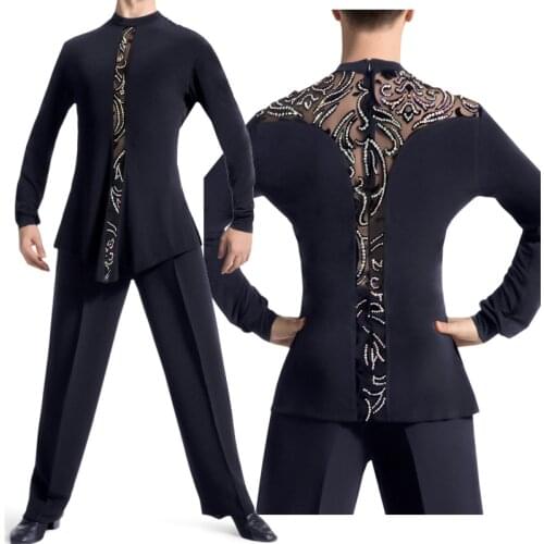 Lace Mesh Latin Dance Tops Men Rhinestone Flower Long Sleeves Shirts Sexy Costume Samba Rumba Cha Cha Competition Wear DNV13907