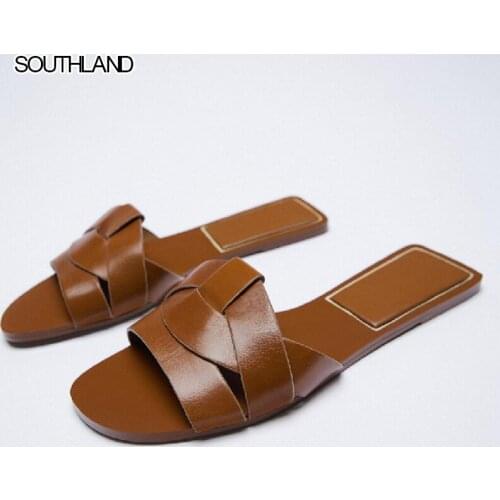 SOUTHLAND 2021 Summer New Brown Cross Leather Lace Slippers Outdoor Leisure Beach Vacation Flat Sole