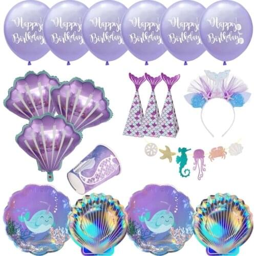 Little Mermaid Fantastic Purple Mermaid Birthday Party Disposable Tableware Decoration Paper Plate Cup Balloons Supplies Happy
