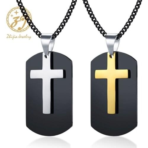 Zhijia Cross Pendants Men/Woman Military Dog Tag 316L Stainless Steel Jewelry Gold Color Christian Engravable Necklaces Women