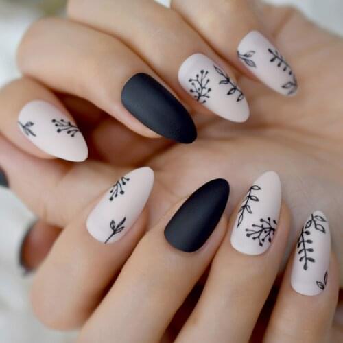 False Finger Nail Tip Stiletto Shape Display Art Matte Fake Nail Model Nude And Black Color With Plant Pattern 24 pcs