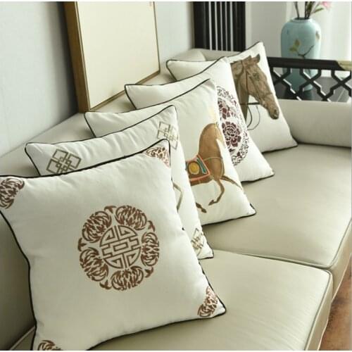 China Art Horse Embroidery Cushion Cover Home Decoration Cotton Canvas Geometric Pillow Cover 45x45cm Sofa PillowCase
