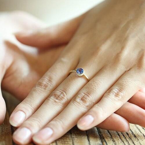 New Minimalism Golden Small Rings Inlay Round Blue Zircon Dainty Cute Charm Jewelry For Women Statement Wedding Party Gifts