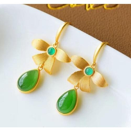 New SNew Silver Inlaid Natural Hotan Jasper Butterfly Shaped Earrings Super High-Tech Drop-shaped Womens Brand Jewelry