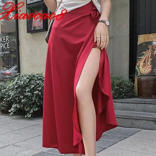 Solid Chiffon One-piece Skirt Summer High Waist Long Wrap A Line Skirts For Women Red Pink White Black Gray