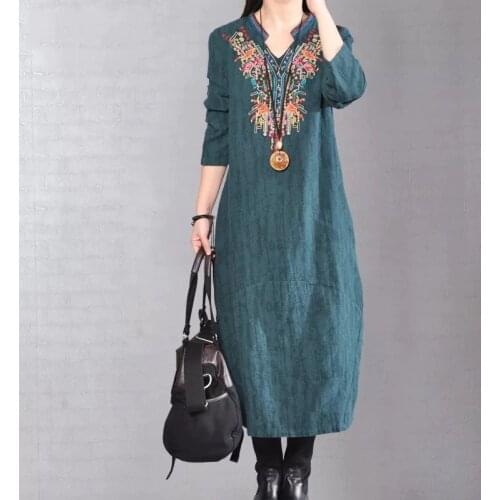 Big Yard Autumn Flower Embroidered V Neck Cotton Linen Dress Spring Loose Elegant Casual Plus Size Vintage Female Vestidos