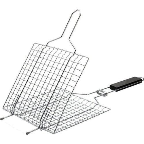 Outdoor Barbecue Grilling Basket Stainless Steel Wire BBQ Net Wooden Handle Meat Fish Clip Holder BBQ Cooking Accessory Holder