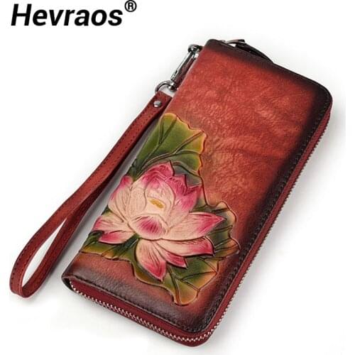 Luxury Flower Wallet Genuine Leather Women Chinese Style Purses Lady Long Clutch Card Holder Zip Design Coin Purse High Quality