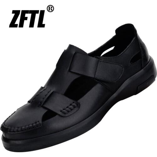 ZFTL Mens Sandals Genuine Leather hollow-carved design Summer Soft Casual shoes 2021 New Brand Black Cool Sandals