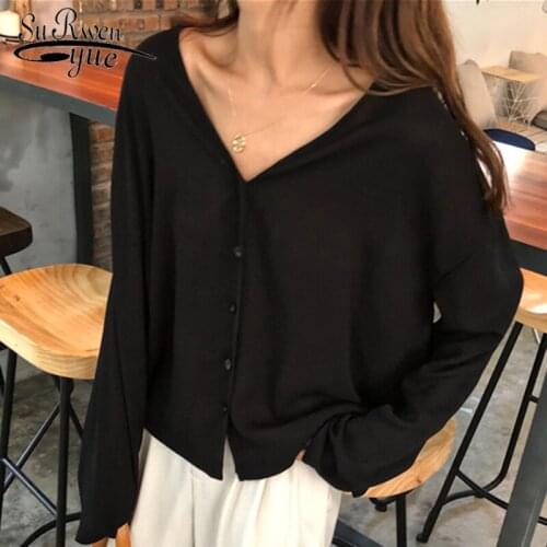 Sexy V-neck Chiffon Blouses Female Loose Tops Korean Style Women Fashion Solid Shirts Women Autumn Long Sleeve Blouses 5414 50