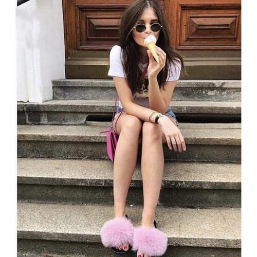 2021Womens Solid Color Fur Slides Fashion Cute House Shoes Female Real Fox Fur Slippers Ladies Fluffy Sandals Girls Flip Flops