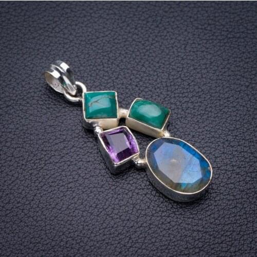 StarGems Natural Blue Fire Labradorite,Turquoise And Amethyst Handmade 925 Sterling Silver Pendant 1.75" D5334