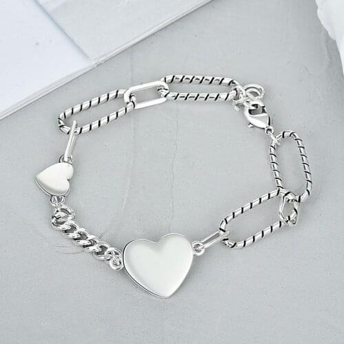 Vintage Korean 925 Sterling Silver Big Heart Shape Charm Bracelet &Bangle For Women Wedding Party Jewelry SL058