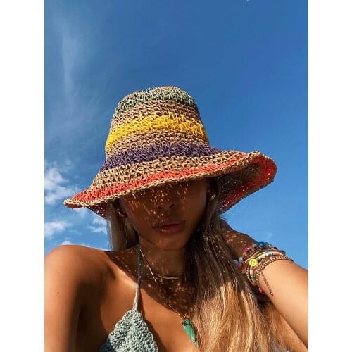 Woman Rainbow Striped Crochet Beach BOHO Bucket Hat