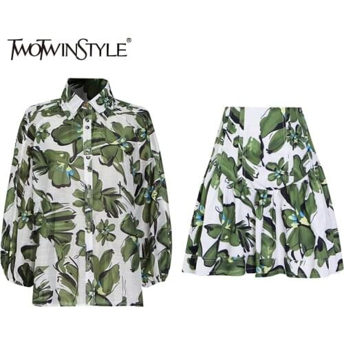 TWOTWINSTYLE Green Two Piece Set For Women Lapel Long Sleeve Top High Waist Mini Skirt Print Sets Female 2021 Spring Clothes New