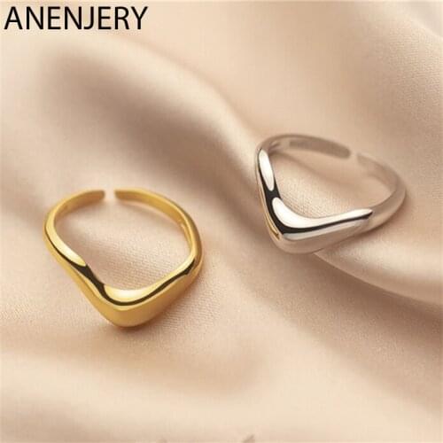 ANENJERY 925 Sterling Silver Irregular V-Shaped Lines Rings For Women Simple Temperament Adjustable Ring All-Match Jewelry