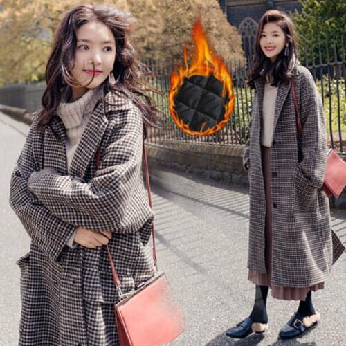 HStar Winter Women Plaid Windbreaker Woolen Coat Female Trench Long New Houndstooth Female Long Coat Vintage Street Outwears