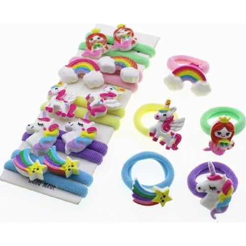10 Pcs Girls Colorful Nylon Small Elastic Hair Bands Cartoon Unicorn Ponytail Holder Scrunchie Headband Rubber Band Accessories