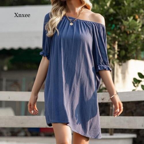 2021 Solid Round Neck Backless Mini Dress Summer Lace Up Short Sleeved New Ruffled Loose Casual Dresses Female Clothes Blouses