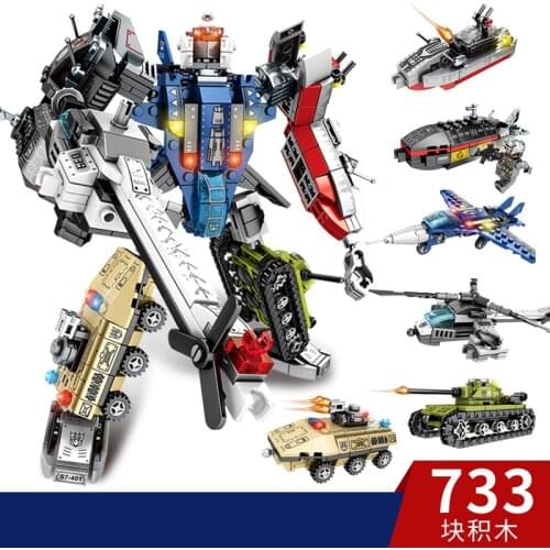 733pcs 6in1 Transformation Robot Building Block Military Tank Helicopter Boat War Warrior Creator Bricks For Children