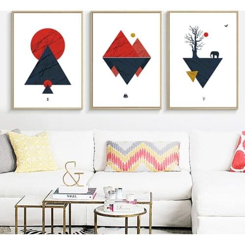 Abstract Geometric Red Landscape Wall Art Prints Canvas Paintings Deer Pictures Poster Gift Living Room Home Decorative