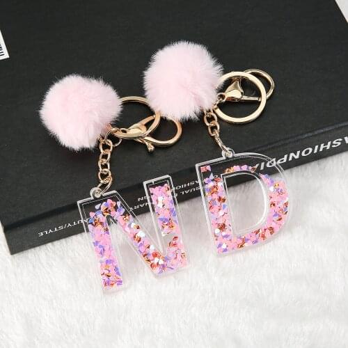1PC Keyring English Letter Acrylic Keychain with Puffer Ball 26 Words A TO Z Handbag Charms for Woman