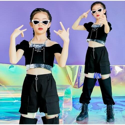 Kids Street Hip Hop Dance Costume Crop Tops Fashion Black Hiphop Pants For Girls Jazz Ballroom Dancing Performance Wear DNV14792