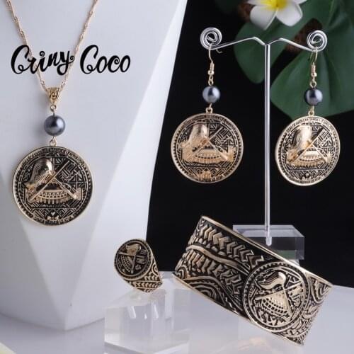 Hawaiian Designer Jewelry Sets Polynesian Gold Plated Enamel Drum Bracelets Bangles Necklace Sets Jewellery Set for Women 2021