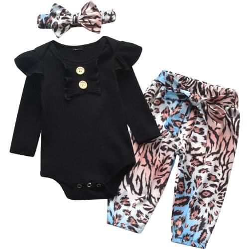 Newborn Infant Baby Girl Clothes Set Fly Sleeve Round Neck Top Knitted Ribbed Bodysuit Print Pants Headband 3pcs Autumn Outfit