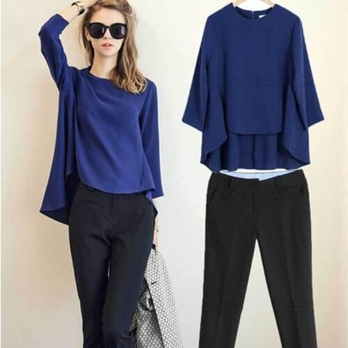 Summer Style O-neck Natural Color 2020 Women Fashion Elegant Plus Size Two-pieces Set Loose Chiffon Blouse And Ninth Pants Suit