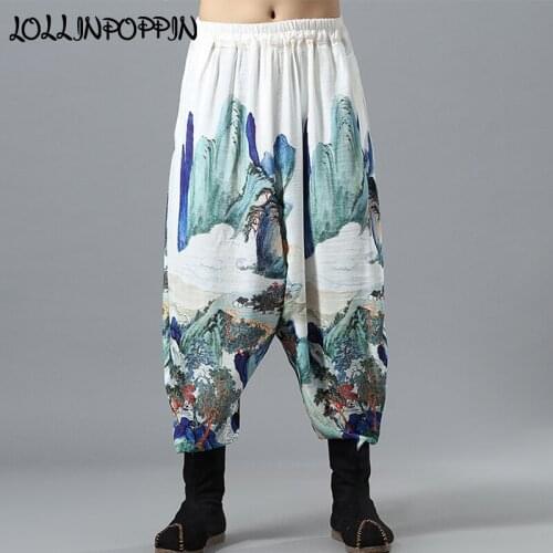 Landscape Printed Mens Linen Harem Pants Chinese Style Cotton & Linen Casual Pants For Men Elastic Waist Loose Pants