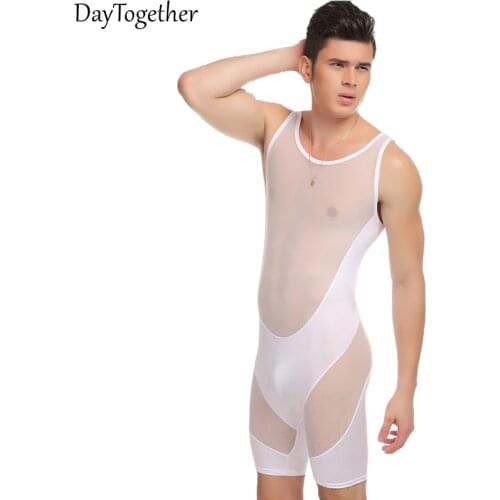 Mens Sexy Transparen Jumpsuits Bodysuit See-through Mesh Body Sexy Crotchless Lingerie