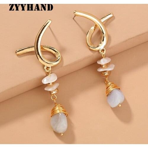 Natural Stone Golden Color Women Drop Earring Girl Handmade Wrap Irregular Shape Lady Trendy Ear Jewelry