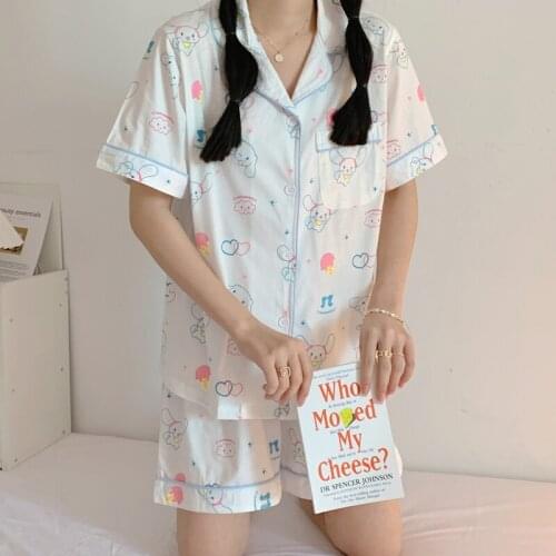 Womens Cute Cartoon Pajamas Set Soft Female Sleepwear Summer Homewear Home Services Turn-down Collar Pyjamas Short Sleeves Suit