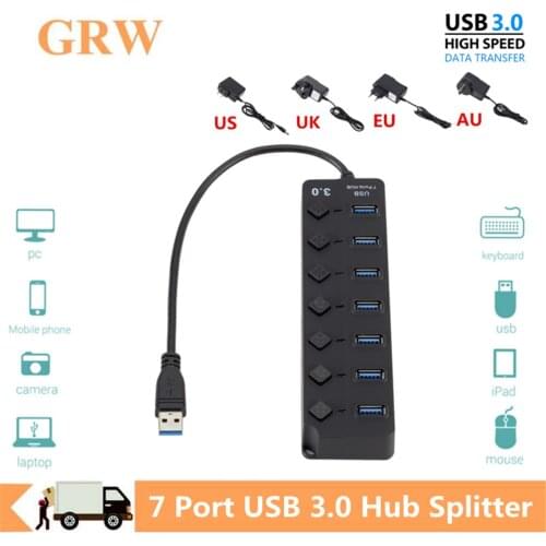 GRWIBEOU USB Hub 7 Port USB 3.0 Hub Splitter On/Off Switch with US/UK/EU/AU Power Adapter High Speed for MacBook Laptop PC